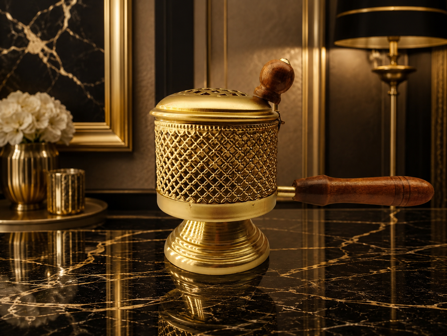 Brass Finish Metal Loban Burner with Wooden Handle