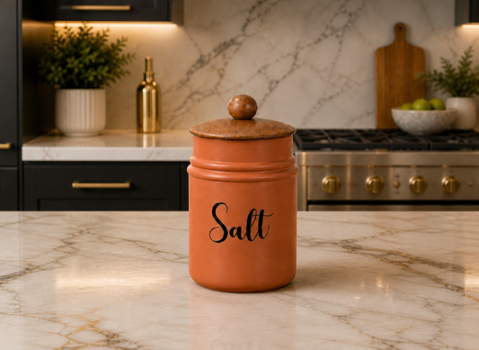 Metal Kitchen Storage Container with Wooden Lid | Brown Salt Jar Canister | Airtight Spice Storage Box | Decorative Countertop Organizer | Modern Kitchen Decor