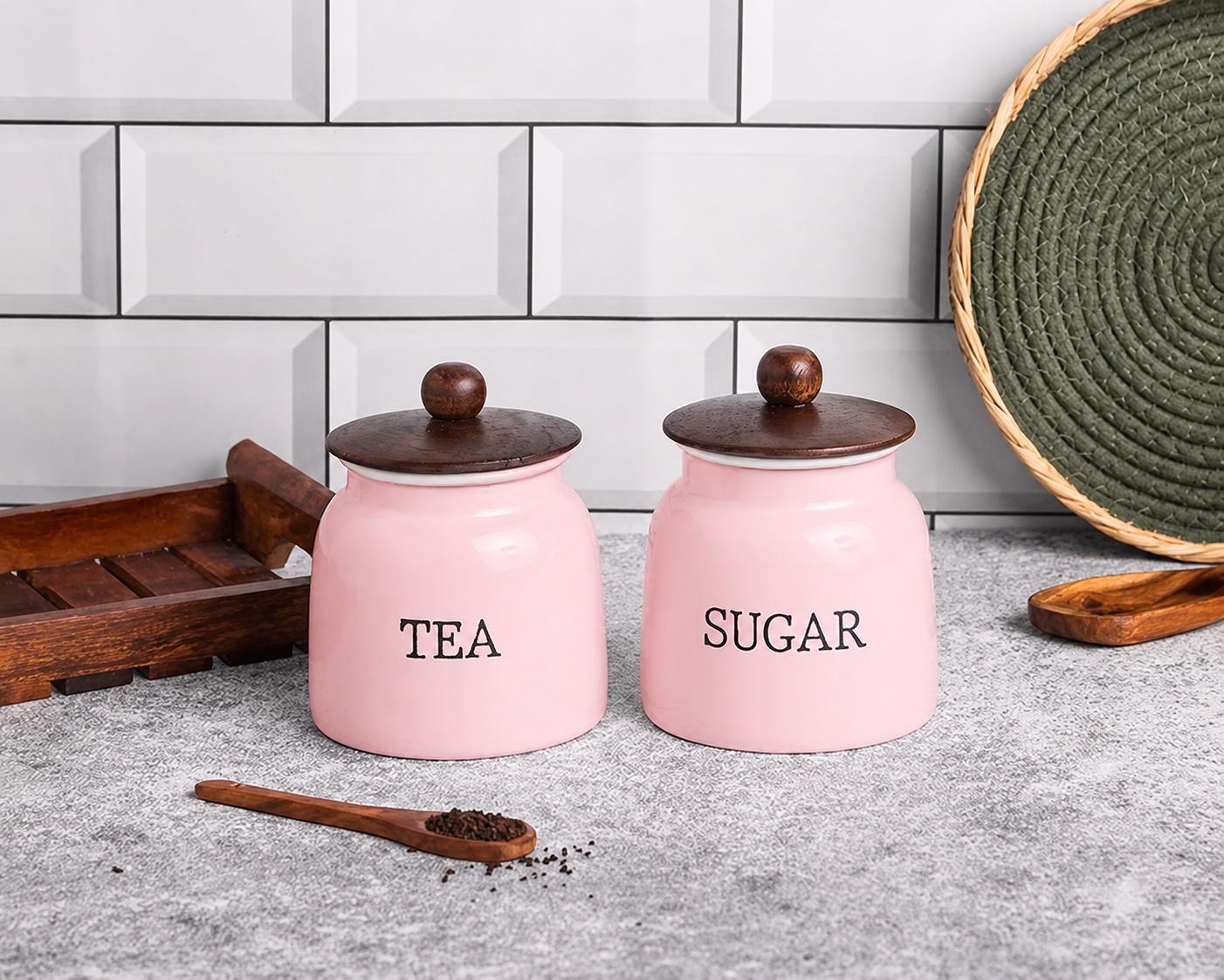 Pink Metal Tea & Sugar Storage Jars Set | Kitchen Canisters with Lid | Stylish Countertop Organizer for Modern Homes