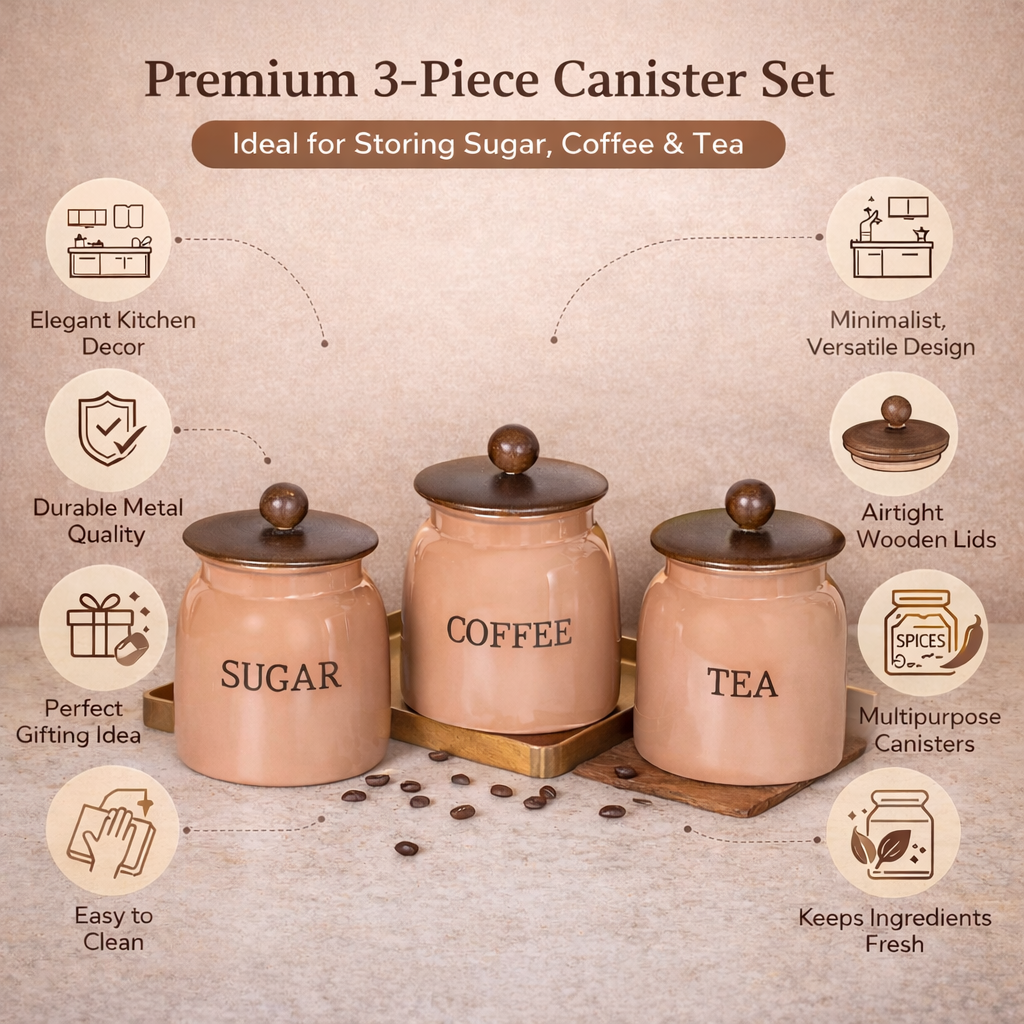 Premium Metal Storage Jars Set of 3 for Tea Coffee Sugar | Kitchen Canisters with Lids | Modern Home Decor Containers