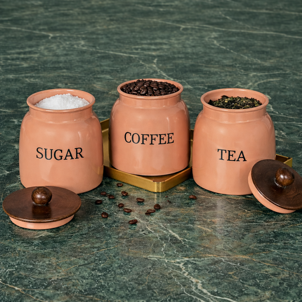 Premium Metal Storage Jars Set of 3 for Tea Coffee Sugar | Kitchen Canisters with Lids | Modern Home Decor Containers