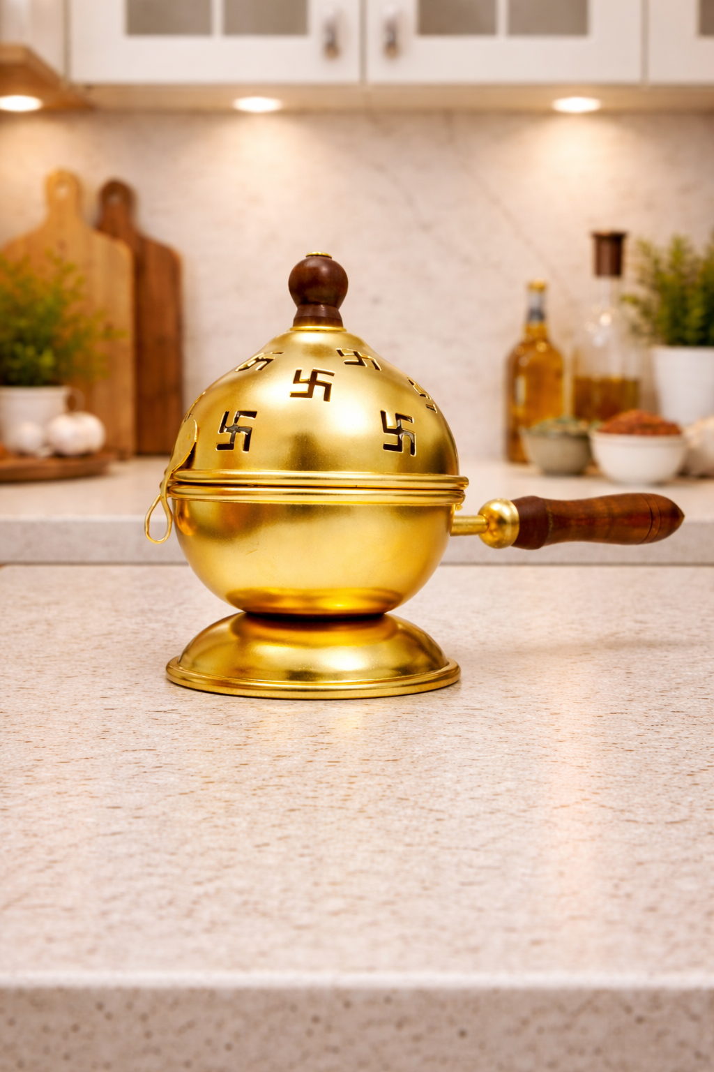 Premium Gold Metal Loban Dhoop Dani with Swastik Design & Wooden Handle | Kapoor Dani for Pooja, Havan, Mandir & Home Fragrance | Traditional Incense Burner