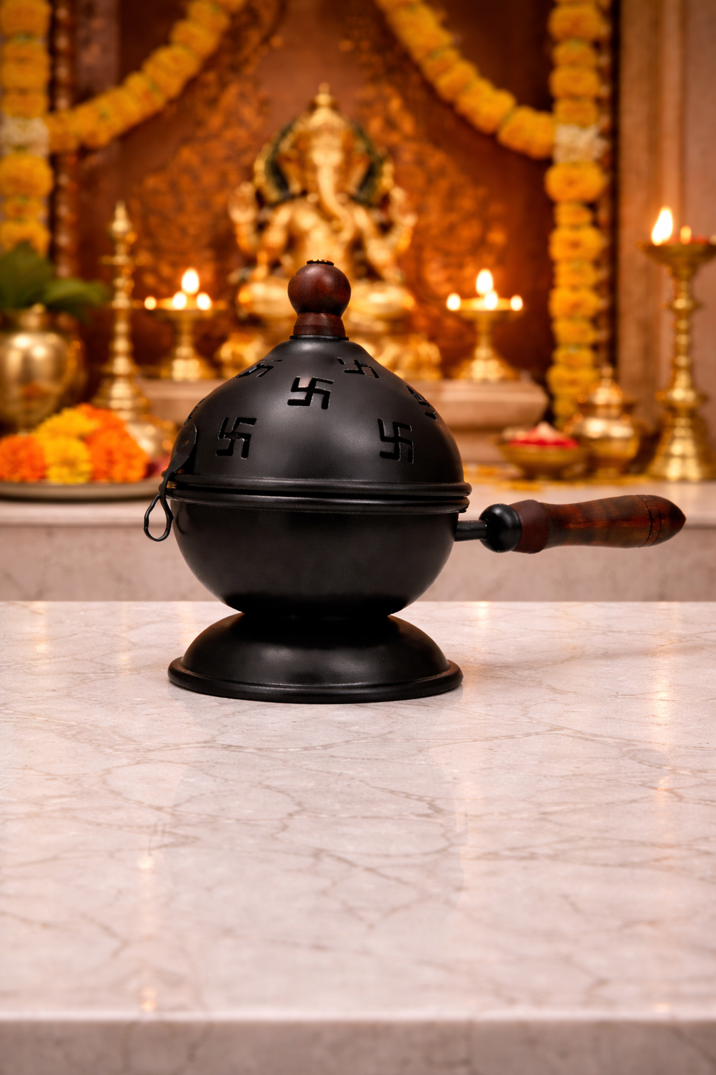 Swastik Black Metal Loban Dhoop Dani with Lid & Stand | Kapoor Dani for Pooja, Havan, Home Temple & Spiritual Fragrance | Decorative Incense Burner