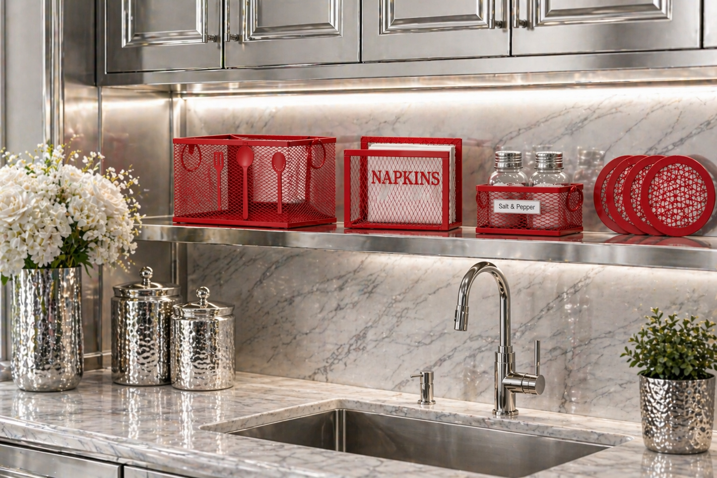 Red Metal Cutlery Holder Set for Kitchen Counter & Dining Table | Mesh Kitchen Organizer Basket with Napkin Holder, Salt Pepper Holder & Coasters | Modern Kitchen Accessories Combo for Spoon Fork Storage