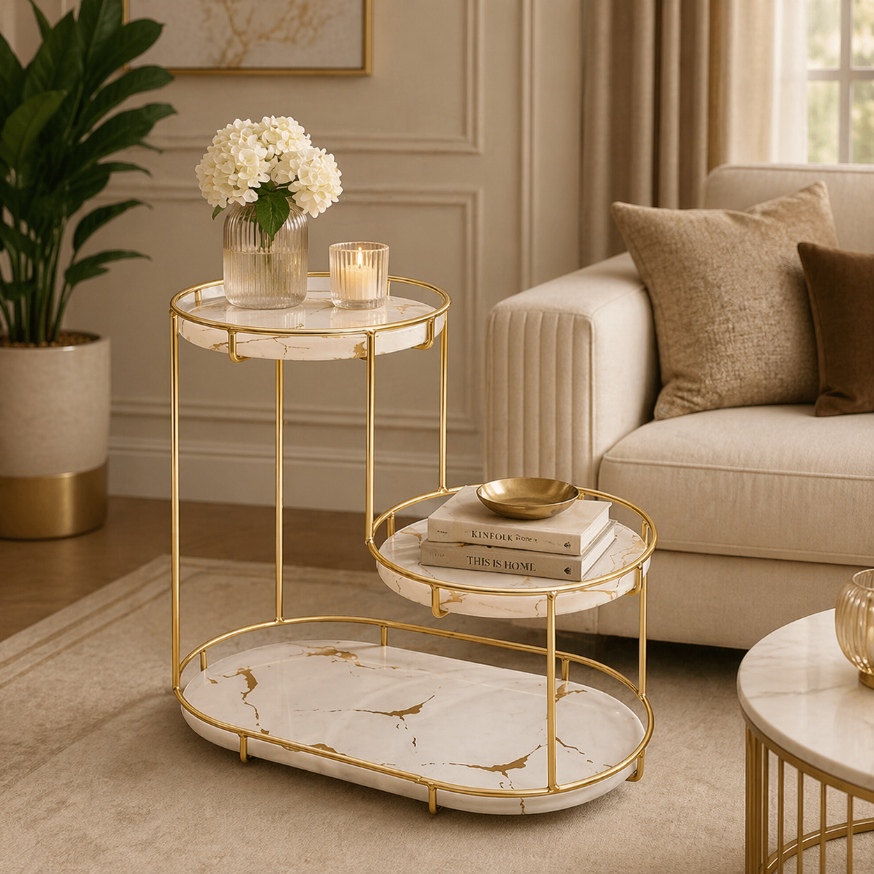 Luxury Metal Vanity Organizer for Makeup & Skincare | Modern Gold Cosmetic Storage Rack with Marble Finish Shelves | Elegant Vanity Table Organizer & Bathroom Counter Organizer for Perfume, Beauty Products & Accessories