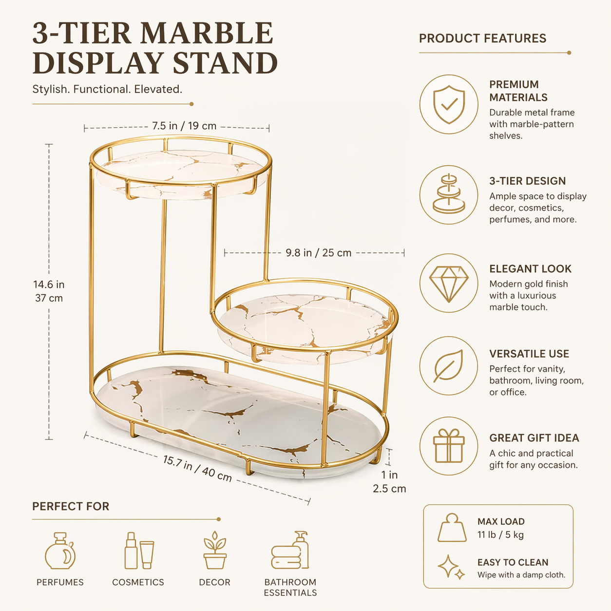 Luxury Metal Vanity Organizer for Makeup & Skincare | Modern Gold Cosmetic Storage Rack with Marble Finish Shelves | Elegant Vanity Table Organizer & Bathroom Counter Organizer for Perfume, Beauty Products & Accessories