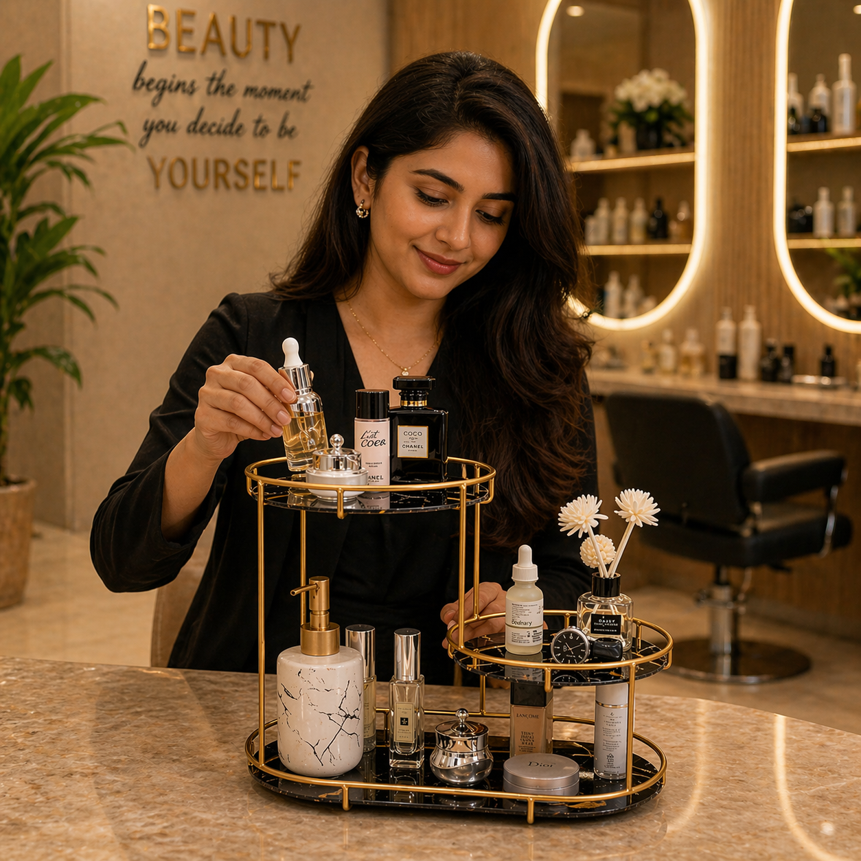 Luxury Black Vanity Organizer with Gold Metal Frame | Modern Black Makeup Organizer & Cosmetic Storage Rack for Skincare, Perfume & Beauty Accessories | Elegant Bathroom Counter & Dressing Table Organizer