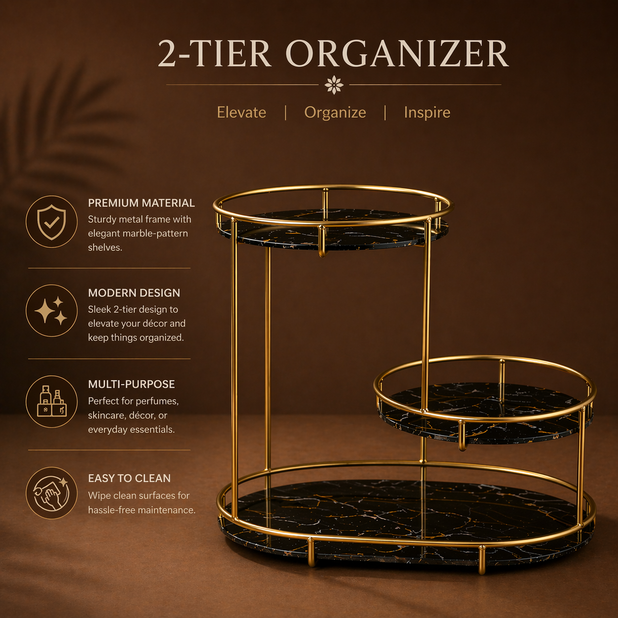 Luxury Black Vanity Organizer with Gold Metal Frame | Modern Black Makeup Organizer & Cosmetic Storage Rack for Skincare, Perfume & Beauty Accessories | Elegant Bathroom Counter & Dressing Table Organizer
