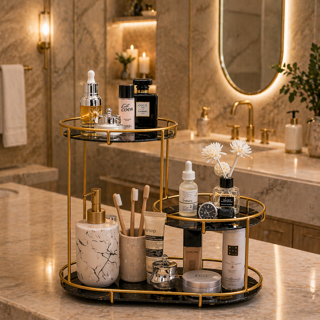 Luxury Black Vanity Organizer with Gold Metal Frame | Modern Black Makeup Organizer & Cosmetic Storage Rack for Skincare, Perfume & Beauty Accessories | Elegant Bathroom Counter & Dressing Table Organizer