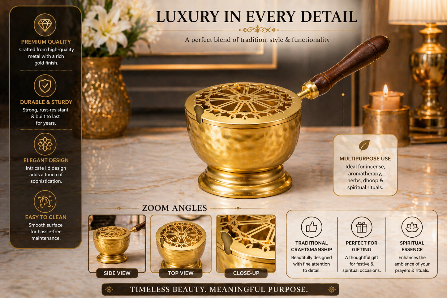 Metal Loban Burner with Wooden Handle | Dhoop Dani for Puja | Flower Design Incense Holder