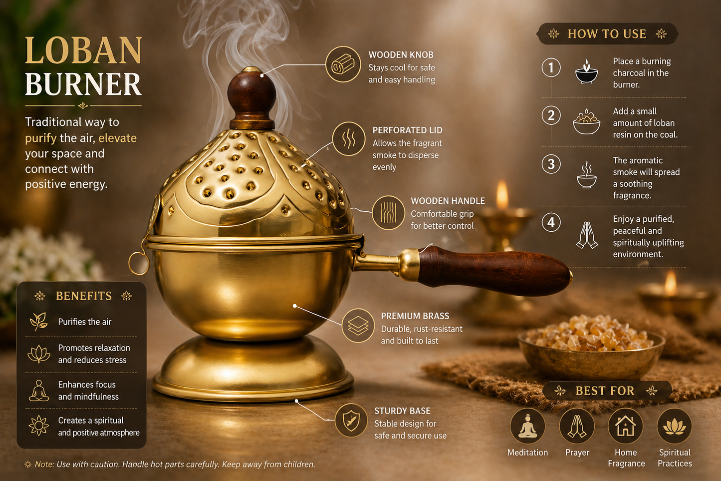 Metal Loban Dhoop Burner with Wooden Handle | Premium Metal Design Incense Burner for Home, Temple & Meditation