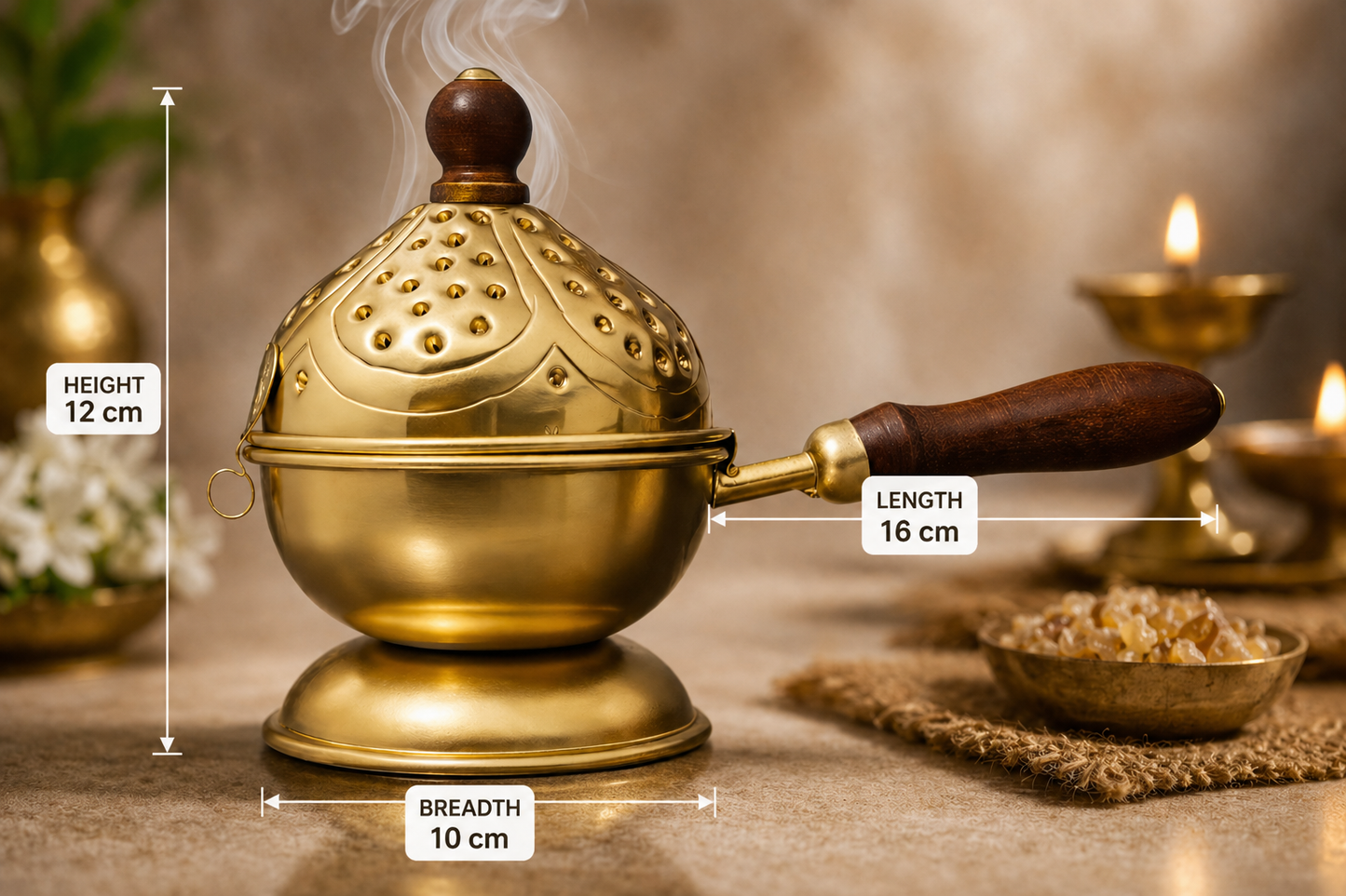 Metal Loban Dhoop Burner with Wooden Handle | Premium Metal Design Incense Burner for Home, Temple & Meditation