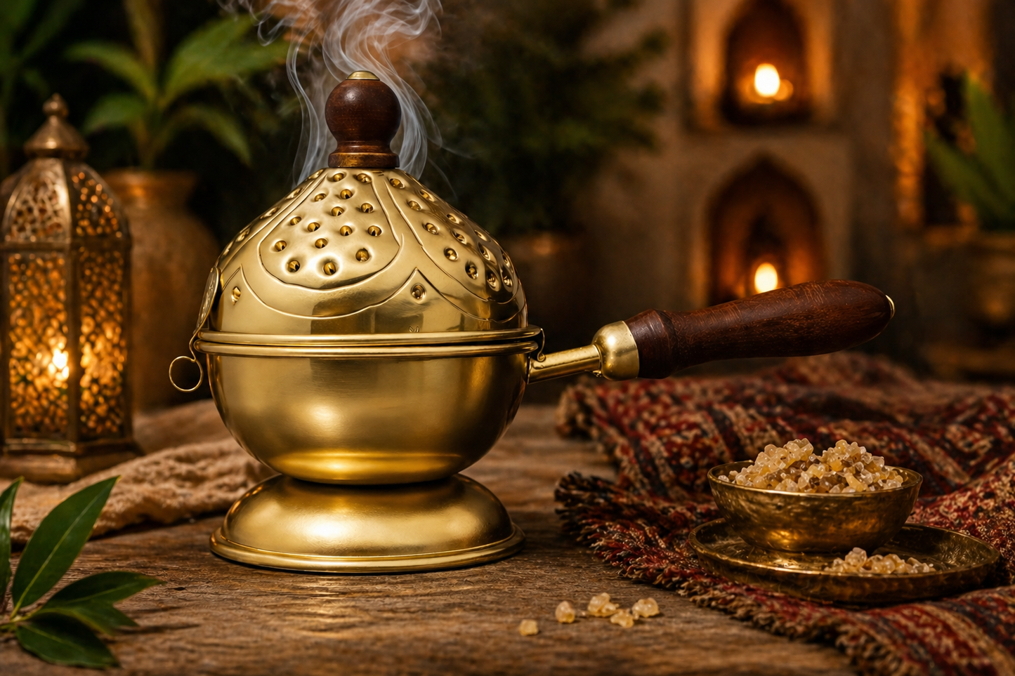 Metal Loban Dhoop Burner with Wooden Handle | Premium Metal Design Incense Burner for Home, Temple & Meditation