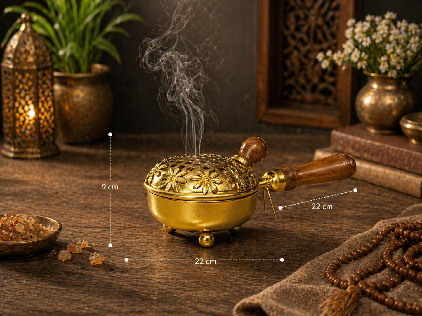Metal Floral Design Loban Burner | Premium Golden Incense Dhoop Dani with Wooden Handle | Elegant Home Temple & Aromatherapy Decor