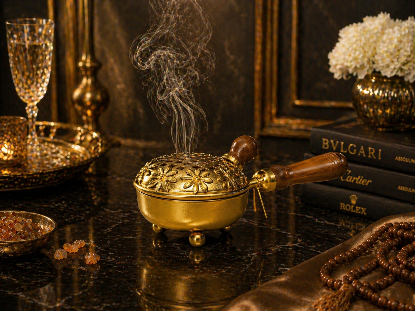Metal Floral Design Loban Burner | Premium Golden Incense Dhoop Dani with Wooden Handle | Elegant Home Temple & Aromatherapy Decor