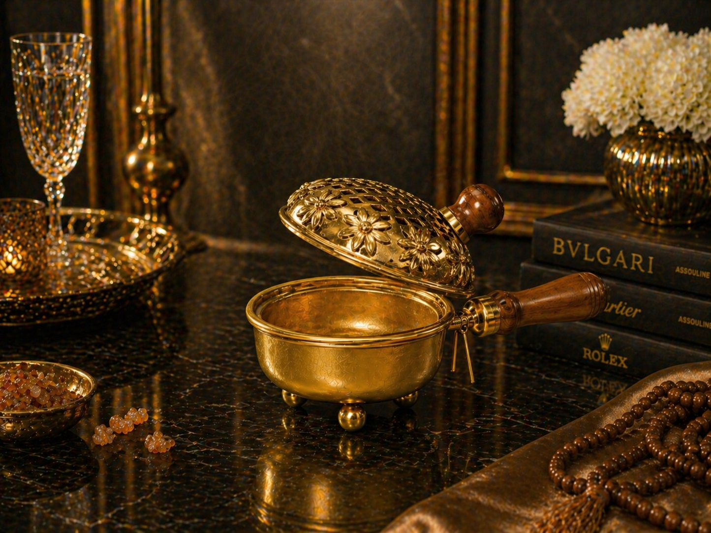 Metal Floral Design Loban Burner | Premium Golden Incense Dhoop Dani with Wooden Handle | Elegant Home Temple & Aromatherapy Decor