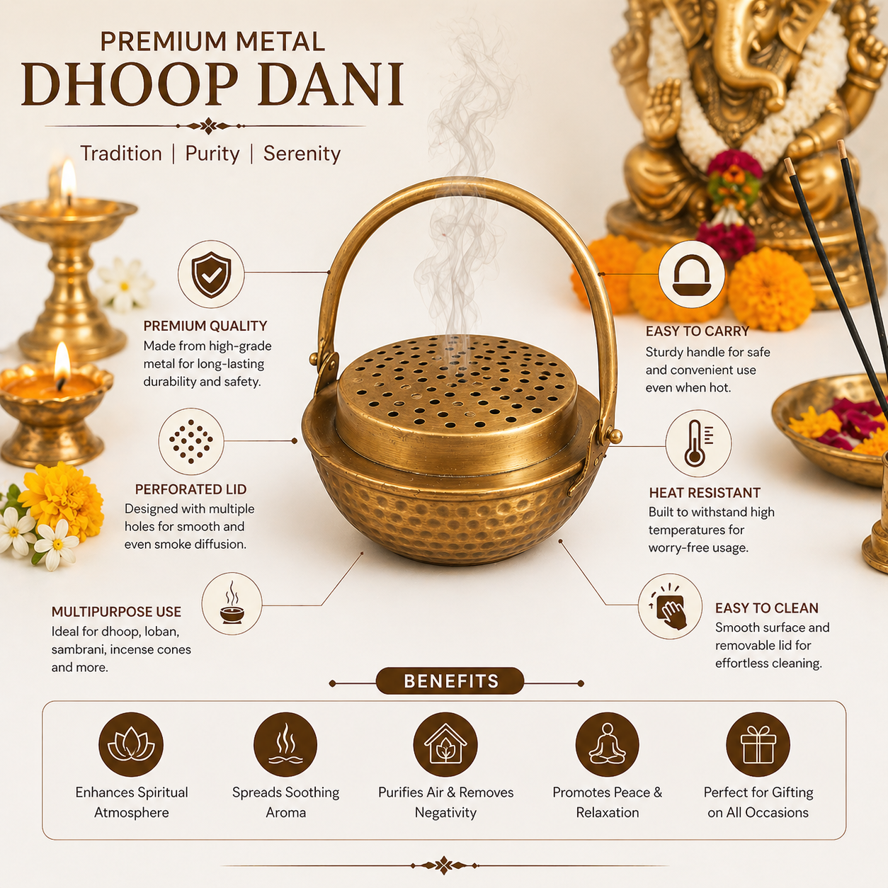 Premium Metal Loban Dhoop Dani with Handle |  Finish Kapoor Dani for Pooja, Havan, Home Temple & Spiritual Fragrance | Traditional Loban Burner Matki