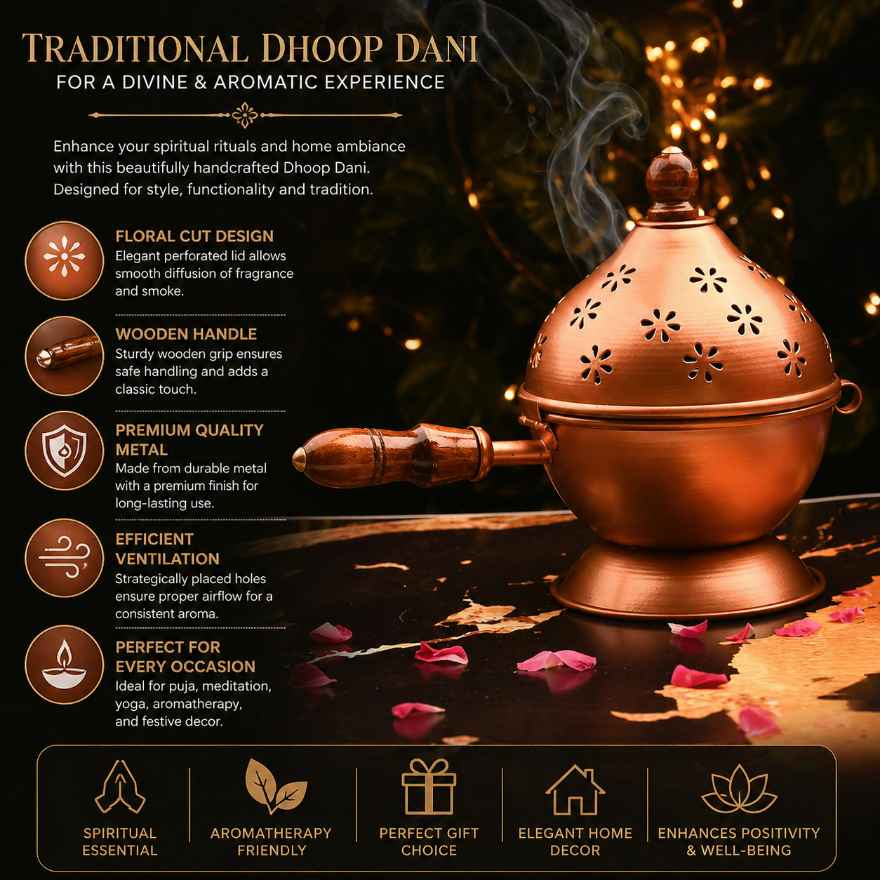 Copper Finish Metal Loban Burner with Wooden Handle | Premium Dhoop Dani Incense Burner for Home, Pooja, Temple & Aromatherapy | Kapoor Dani & Home Fragrance Diffuser