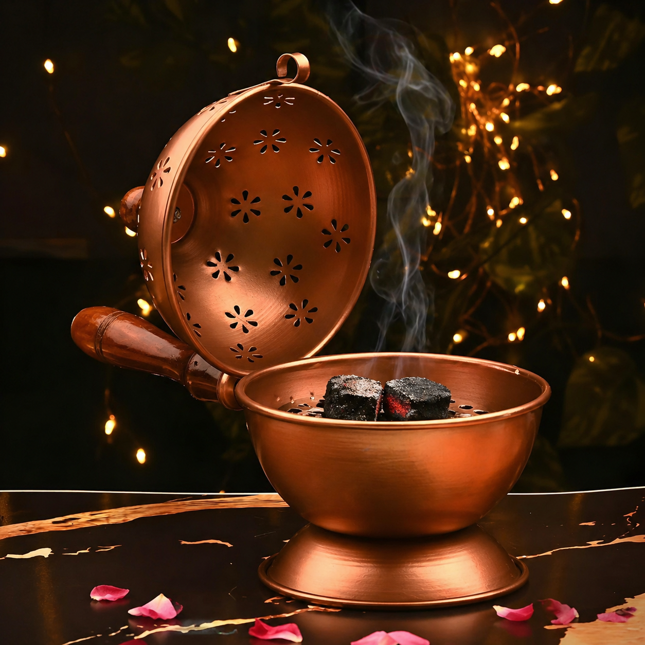 Copper Finish Metal Loban Burner with Wooden Handle | Premium Dhoop Dani Incense Burner for Home, Pooja, Temple & Aromatherapy | Kapoor Dani & Home Fragrance Diffuser