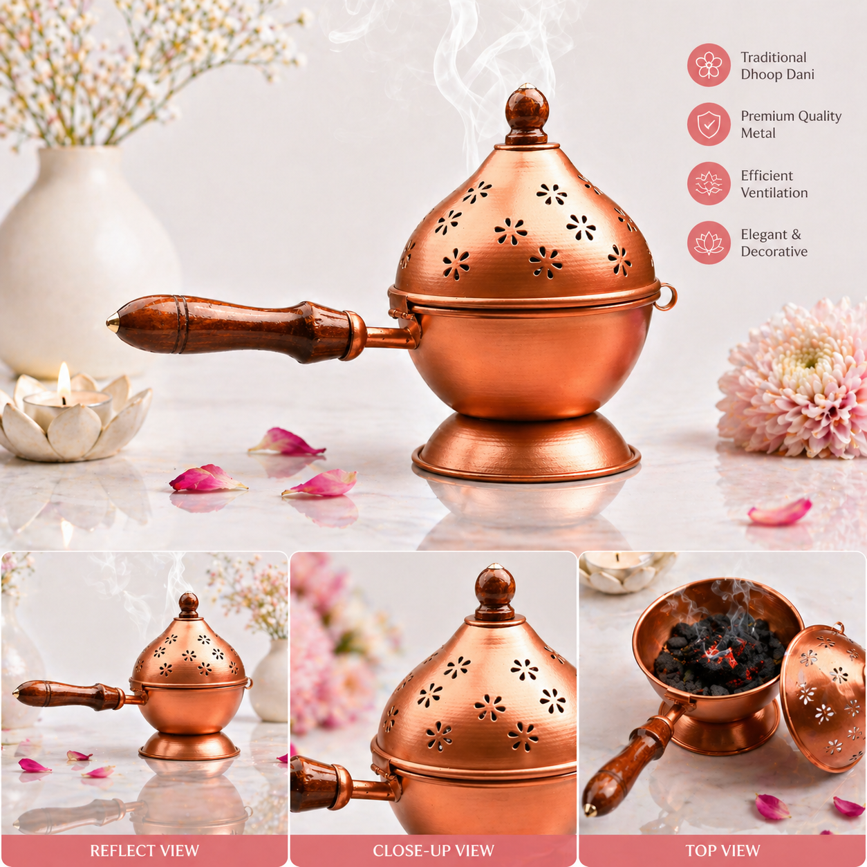 Copper Finish Metal Loban Burner with Wooden Handle | Premium Dhoop Dani Incense Burner for Home, Pooja, Temple & Aromatherapy | Kapoor Dani & Home Fragrance Diffuser
