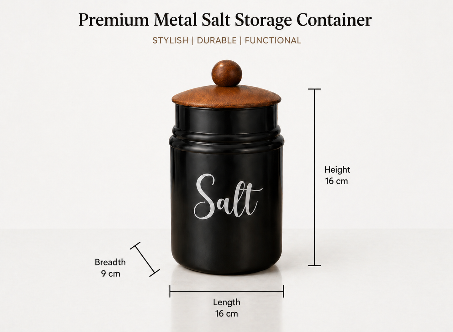Black Metal Kitchen Storage Container with Wooden Lid | Salt Jar Canister | Airtight Spice Storage Box | Modern Countertop Organizer | Stylish Kitchen Decor