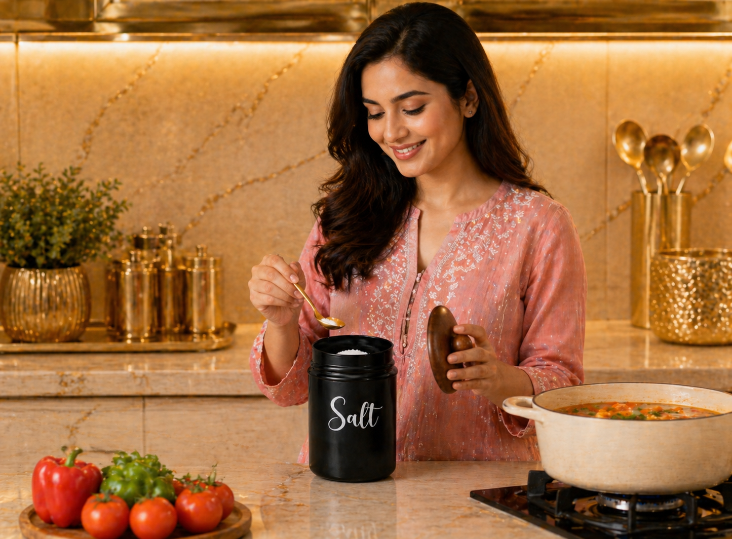 Black Metal Kitchen Storage Container with Wooden Lid | Salt Jar Canister | Airtight Spice Storage Box | Modern Countertop Organizer | Stylish Kitchen Decor