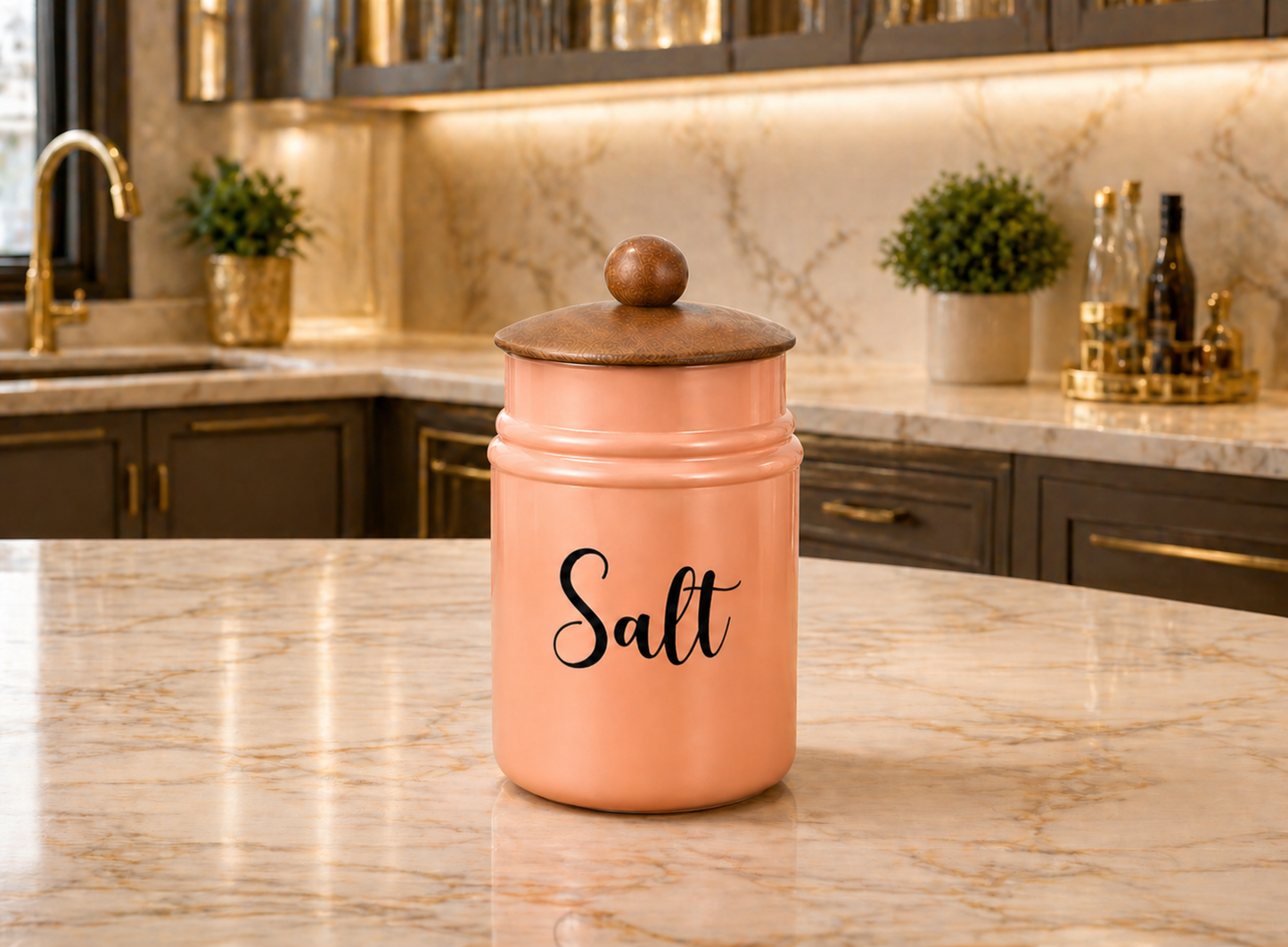 Pink Metal Storage Jar with Wooden Lid | Salt Container for Kitchen | Stylish Airtight Canister | Countertop Organizer | Modern Home & Kitchen Decor