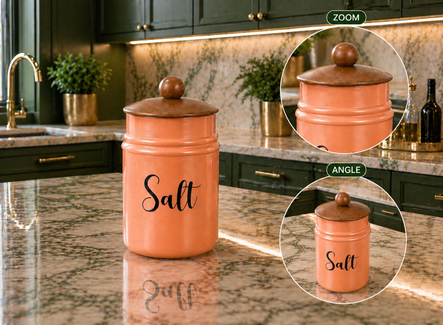 Pink Metal Storage Jar with Wooden Lid | Salt Container for Kitchen | Stylish Airtight Canister | Countertop Organizer | Modern Home & Kitchen Decor