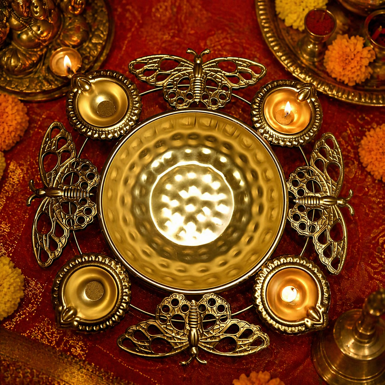 Elegant Butterfly Urli Bowl with Diyas – Luxury Metal Butterfly Urli for Diwali, Pooja & Festive Home Decoration, Decorative Floating Candle Urli Centerpiece for Mandir & Table Decor