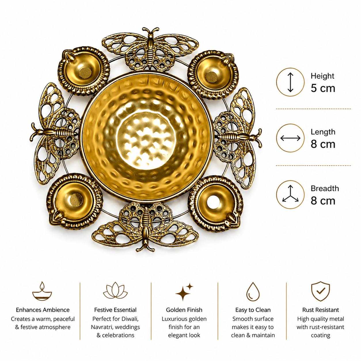 Elegant Butterfly Urli Bowl with Diyas – Luxury Metal Butterfly Urli for Diwali, Pooja & Festive Home Decoration, Decorative Floating Candle Urli Centerpiece for Mandir & Table Decor