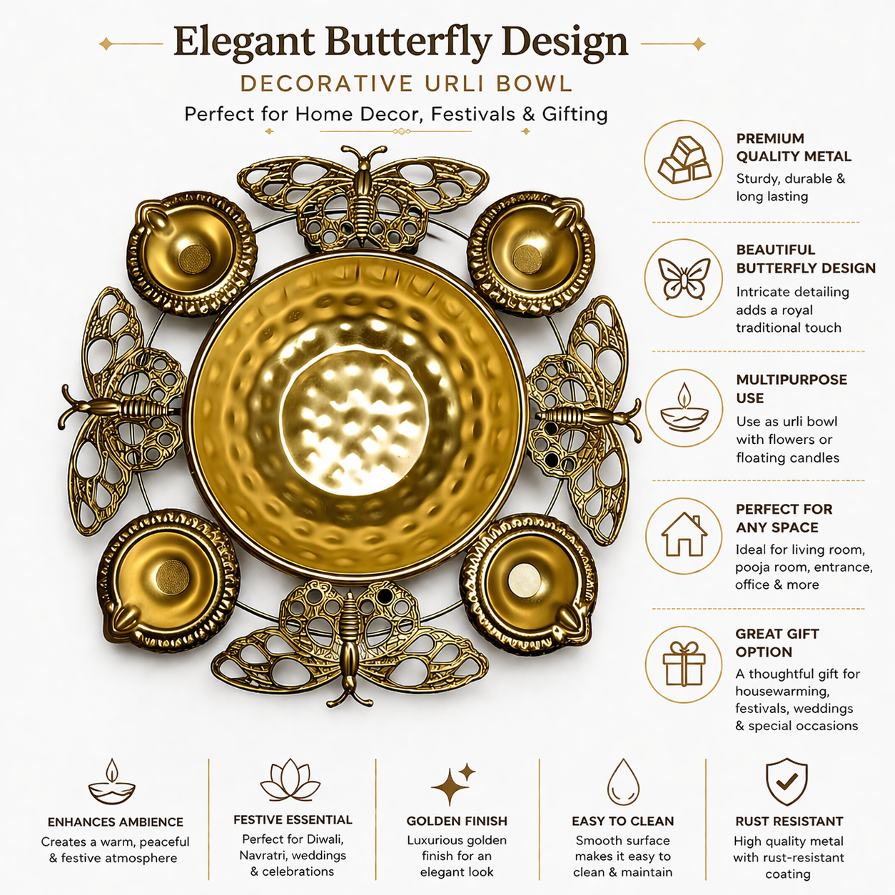 Elegant Butterfly Urli Bowl with Diyas – Luxury Metal Butterfly Urli for Diwali, Pooja & Festive Home Decoration, Decorative Floating Candle Urli Centerpiece for Mandir & Table Decor