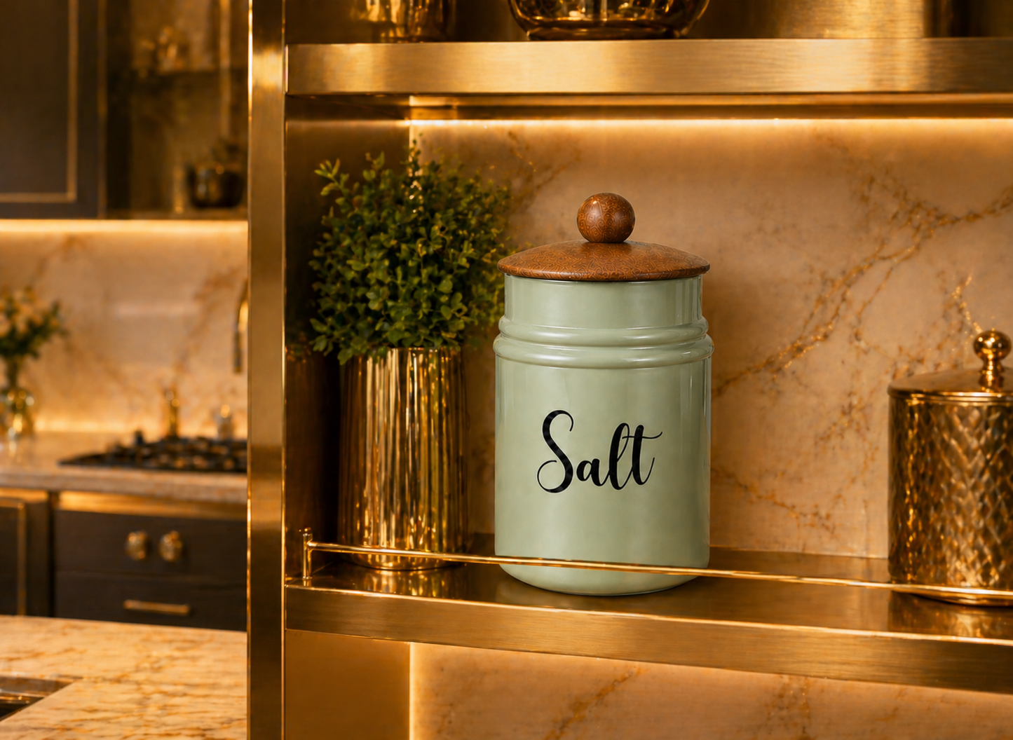 Metal Kitchen Storage Container with Lid | Elegant Salt Jar Canister | Decorative Countertop Organizer | Airtight Food Storage Box | Modern Kitchen Decor
