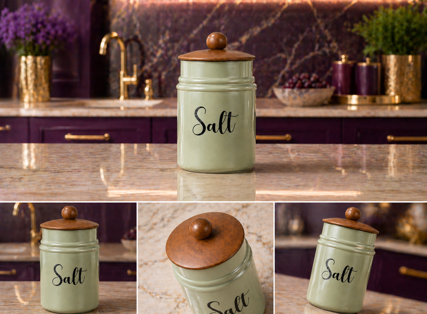 Metal Kitchen Storage Container with Lid | Elegant Salt Jar Canister | Decorative Countertop Organizer | Airtight Food Storage Box | Modern Kitchen Decor