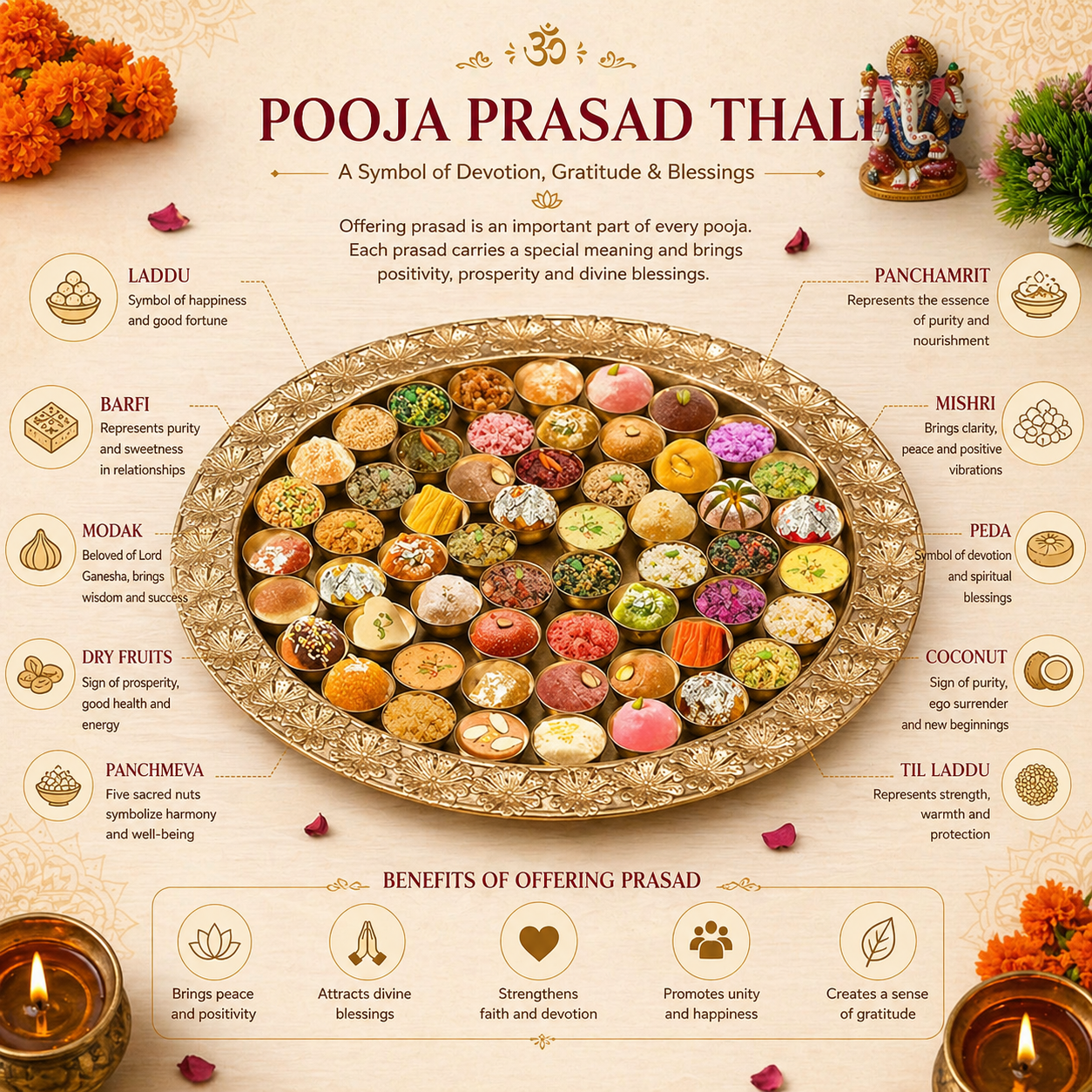 Luxury 56 Bhog Pooja Thali Set with Multiple Bowls | Traditional Indian Prasad Serving Tray for Mandir, Festive Decoration, Diwali, Ganesh Chaturthi & Wedding Rituals