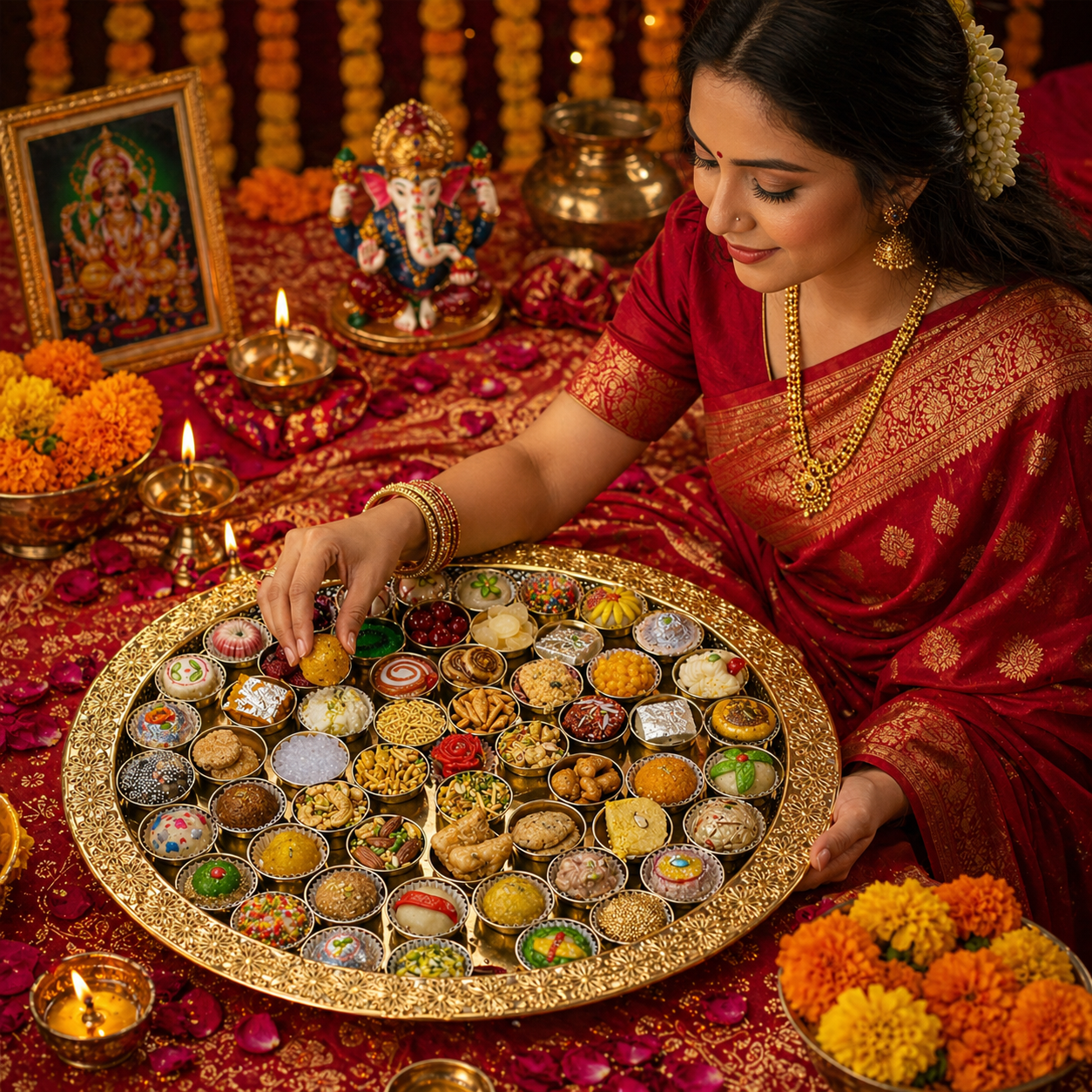 Luxury 56 Bhog Pooja Thali Set with Multiple Bowls | Traditional Indian Prasad Serving Tray for Mandir, Festive Decoration, Diwali, Ganesh Chaturthi & Wedding Rituals