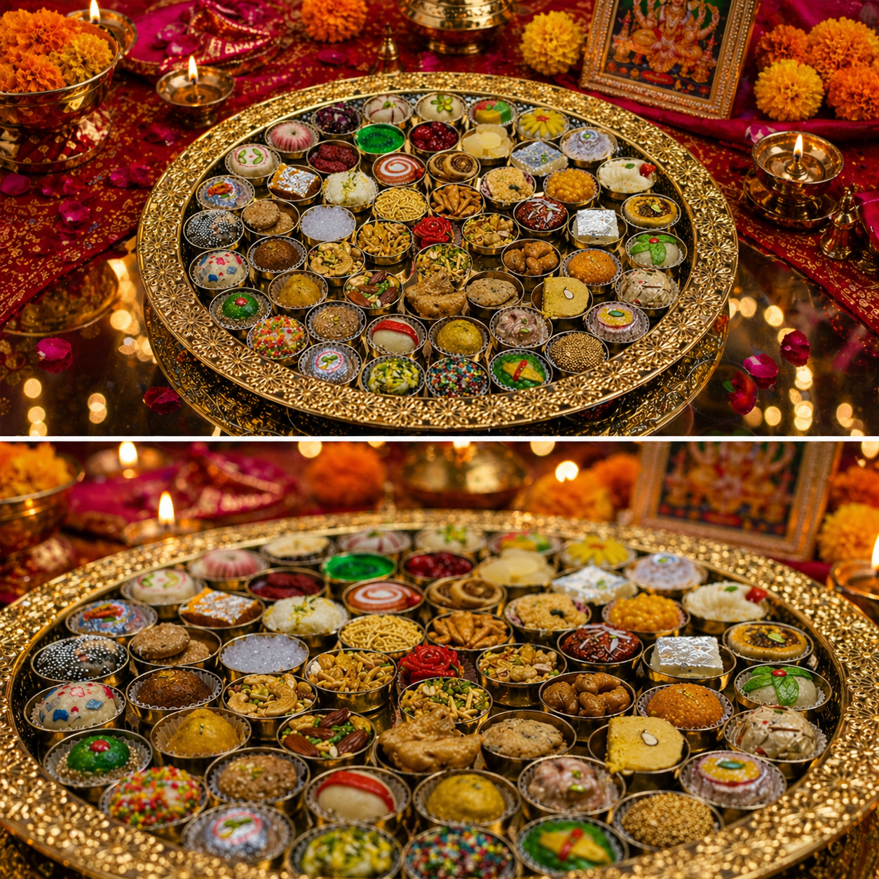 Luxury 56 Bhog Pooja Thali Set with Multiple Bowls | Traditional Indian Prasad Serving Tray for Mandir, Festive Decoration, Diwali, Ganesh Chaturthi & Wedding Rituals