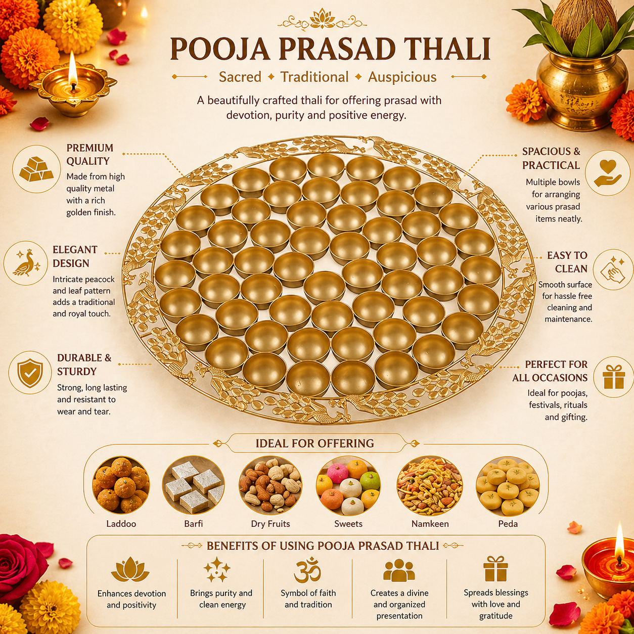Premium Metal Pooja Thali Set with 56 Bhog Bowls | Decorative Ganesh Ji Festival Thali for Diwali, Navratri, Wedding & Home Temple Decoration | Traditional Indian Puja Serving Platter