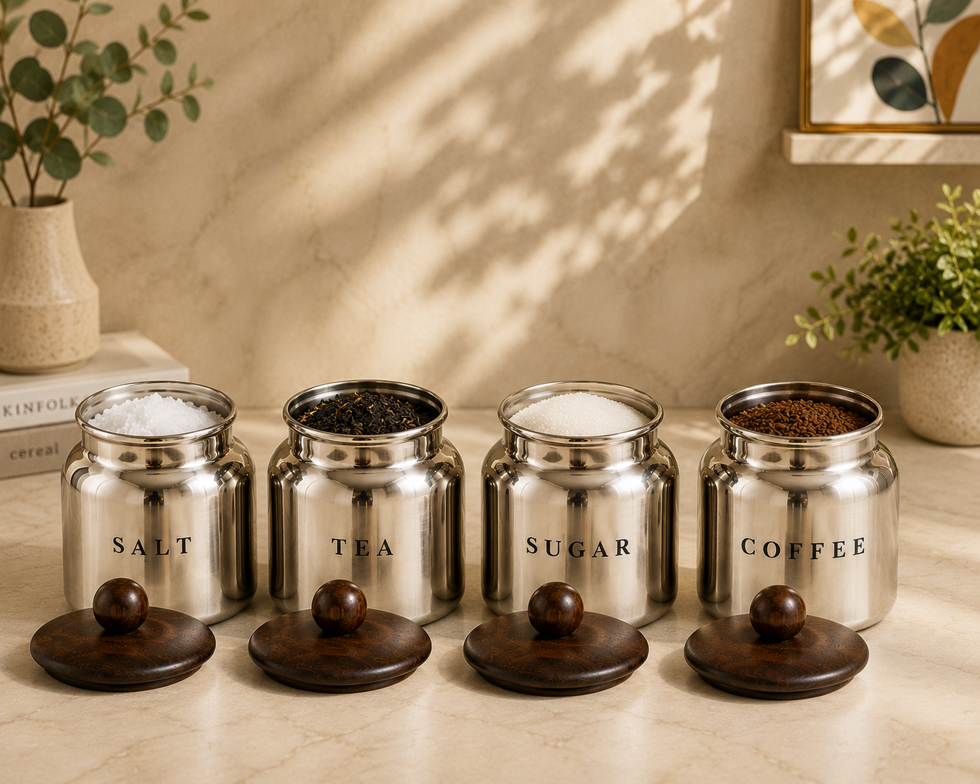 Silver Metal Salt Tea Sugar Coffee Canister Set with Wooden-Style Lids – 4 Piece Kitchen Pantry Storage for Countertop, Tea Station & Coffee Corner