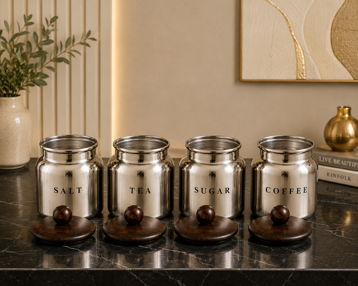 Silver Metal Salt Tea Sugar Coffee Canister Set with Wooden-Style Lids – 4 Piece Kitchen Pantry Storage for Countertop, Tea Station & Coffee Corner