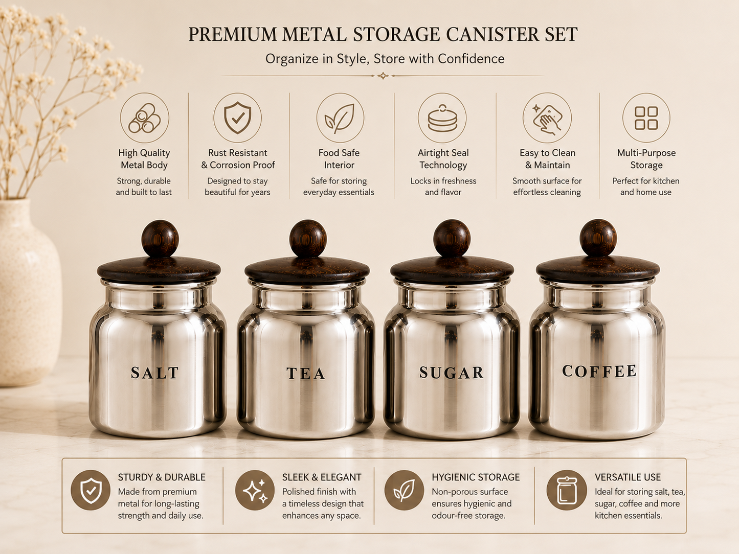 Silver Metal Salt Tea Sugar Coffee Canister Set with Wooden-Style Lids – 4 Piece Kitchen Pantry Storage for Countertop, Tea Station & Coffee Corner