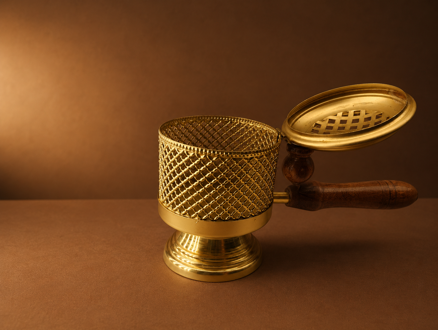 Brass Finish Metal Loban Burner with Wooden Handle