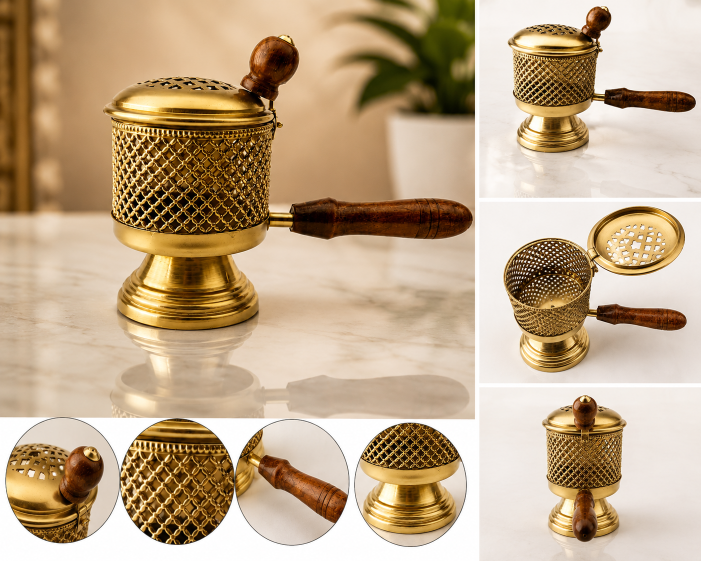 Brass Finish Metal Loban Burner with Wooden Handle
