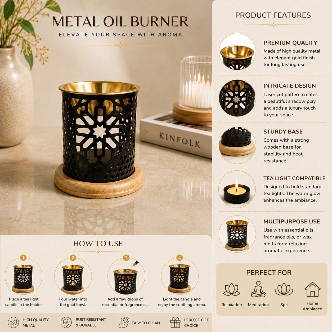 Black Metal Aroma Oil Burner with Geometric Cutwork