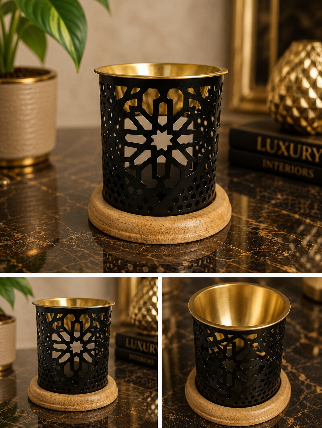 Black Metal Aroma Oil Burner with Geometric Cutwork