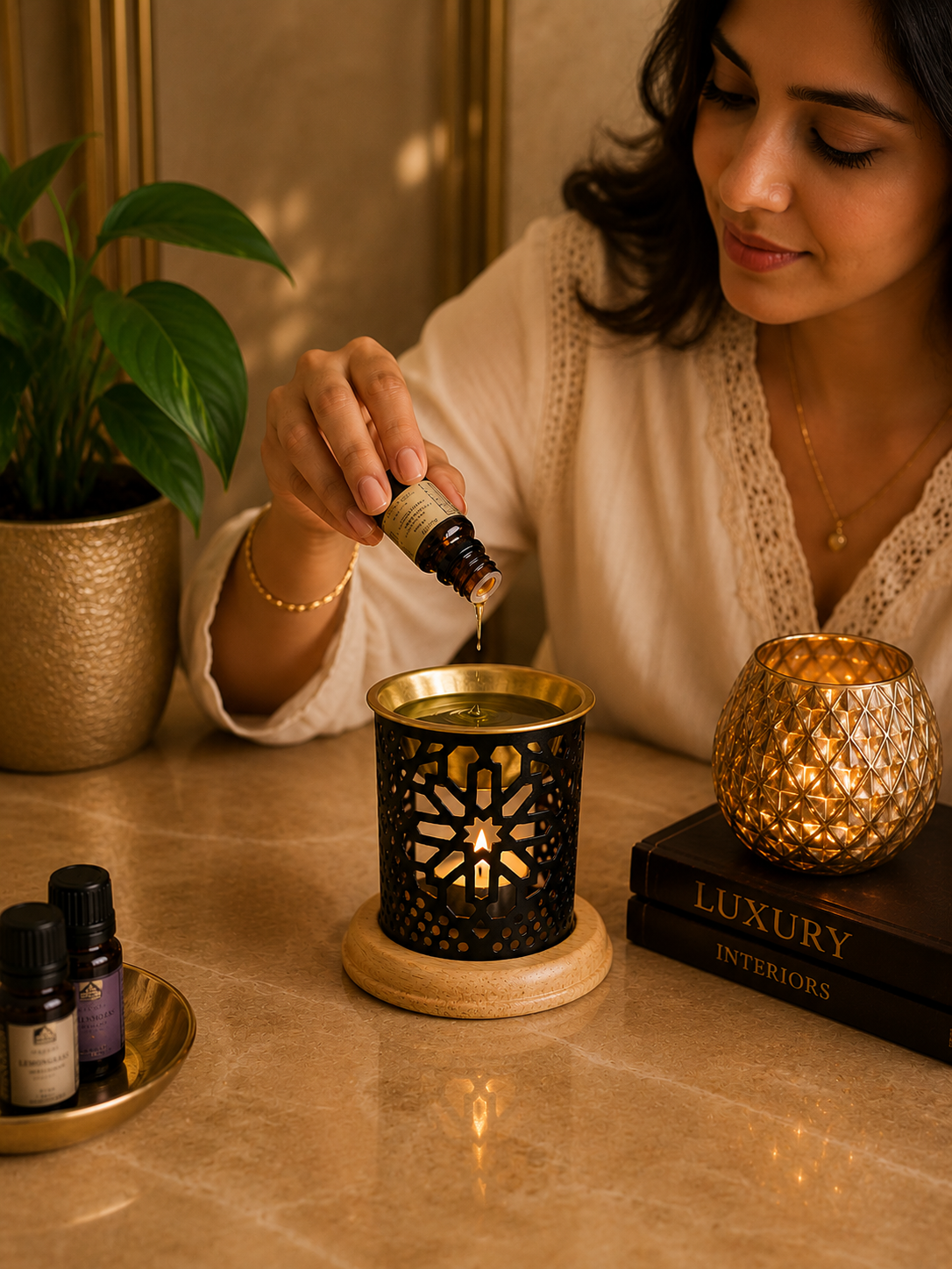 Black Metal Aroma Oil Burner with Geometric Cutwork