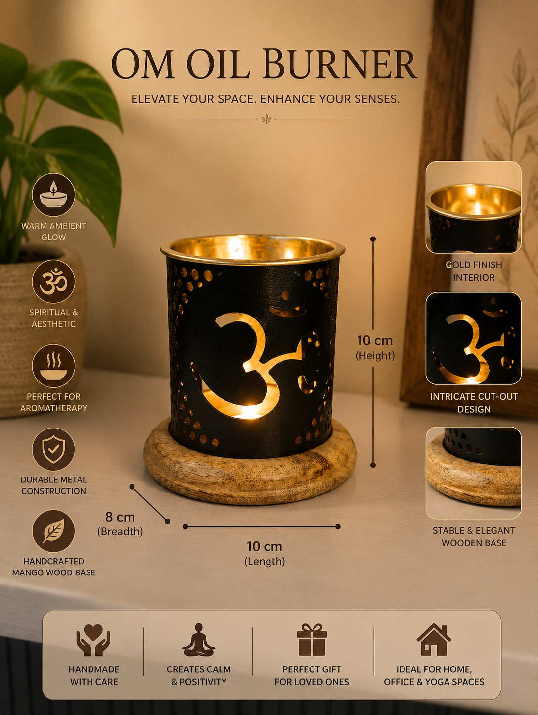 OM Design Oil Burner with Golden Bowl