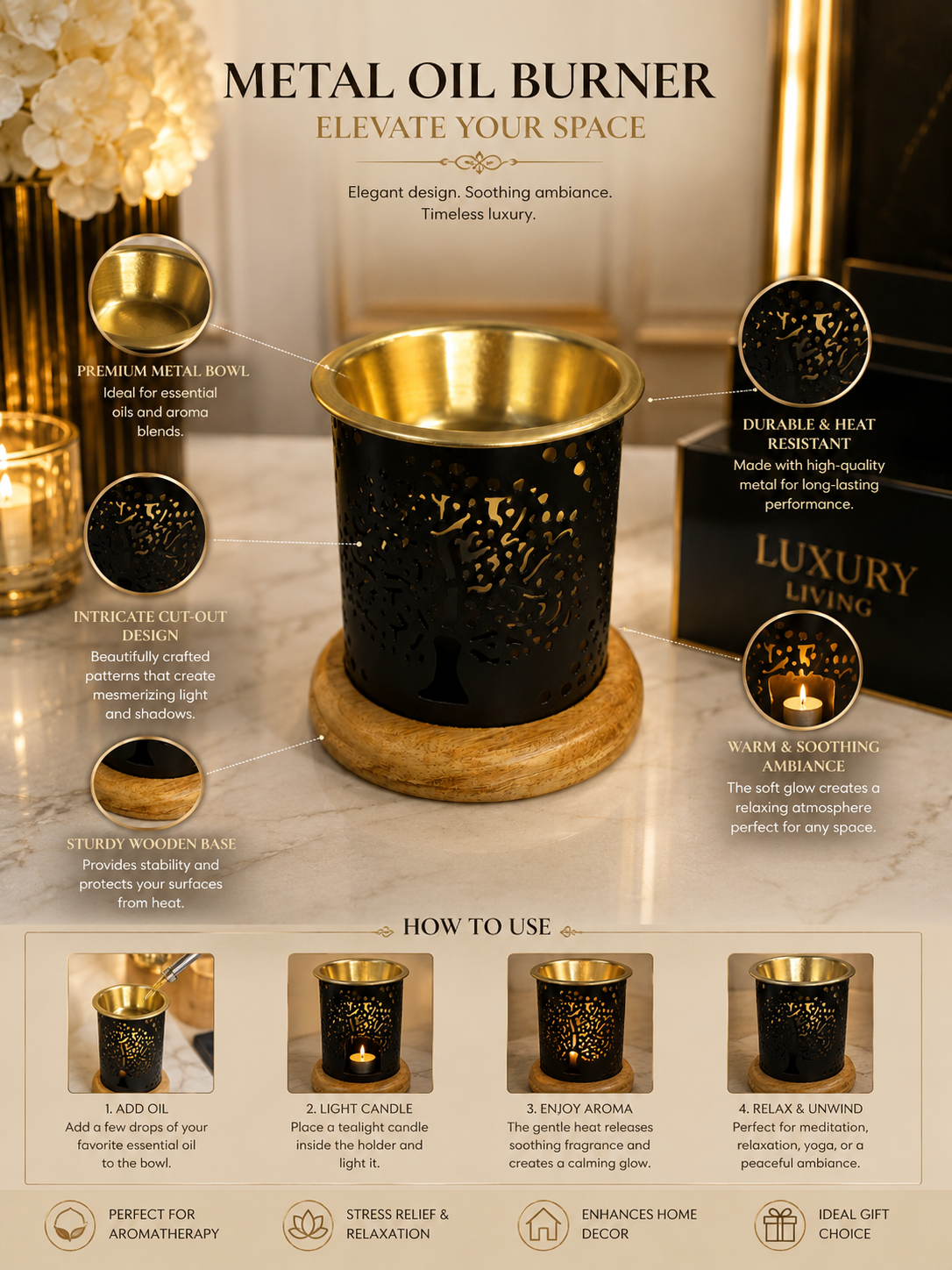 Tree Design Oil Burner with Golden Bowl