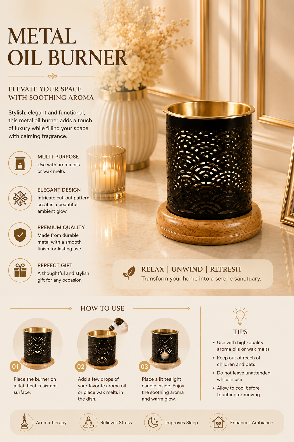 Rainbow Pattern Oil Burner with Golden Bowl