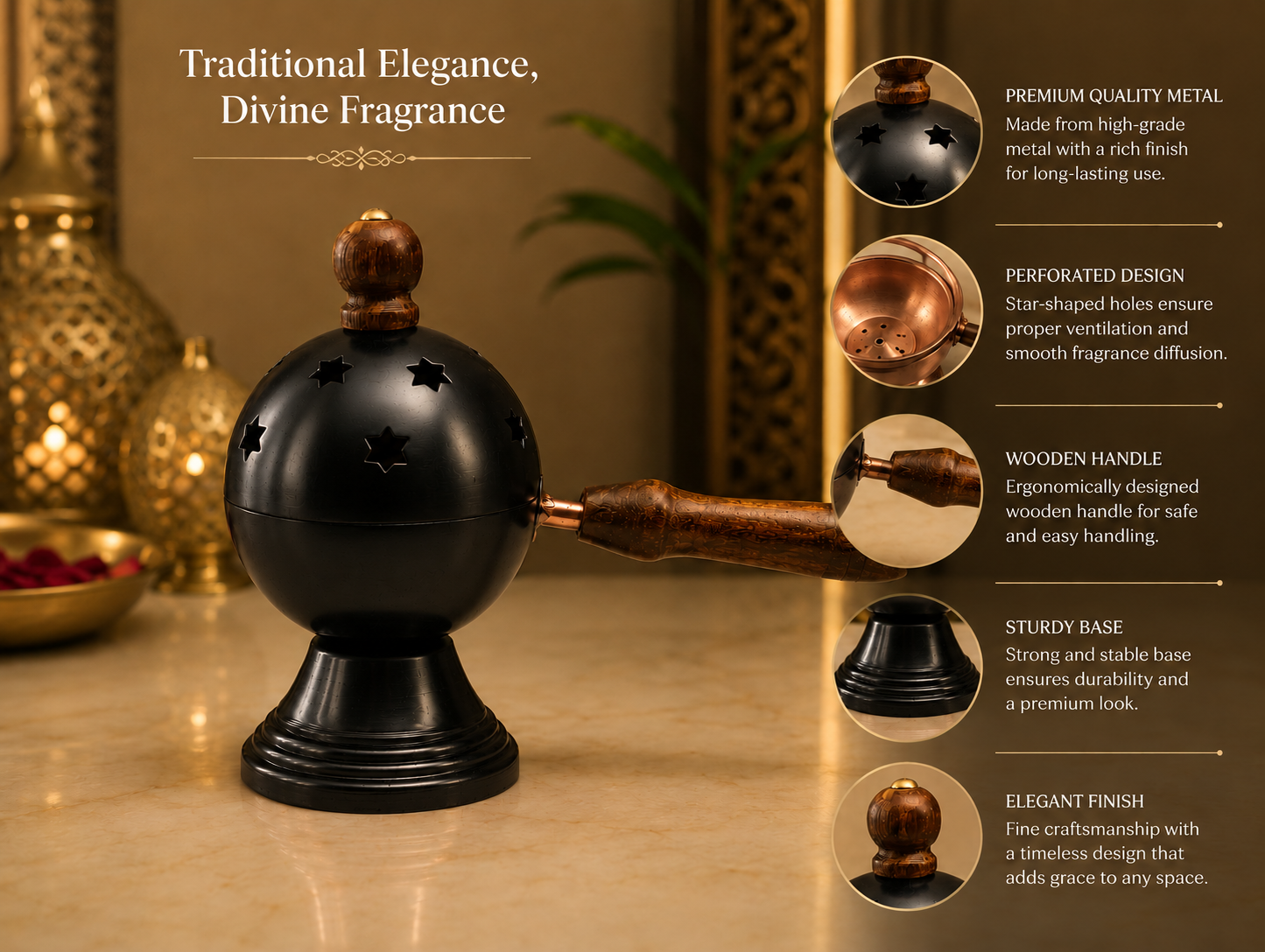 Matte Black Metal Loban Burner with Wooden Handle
