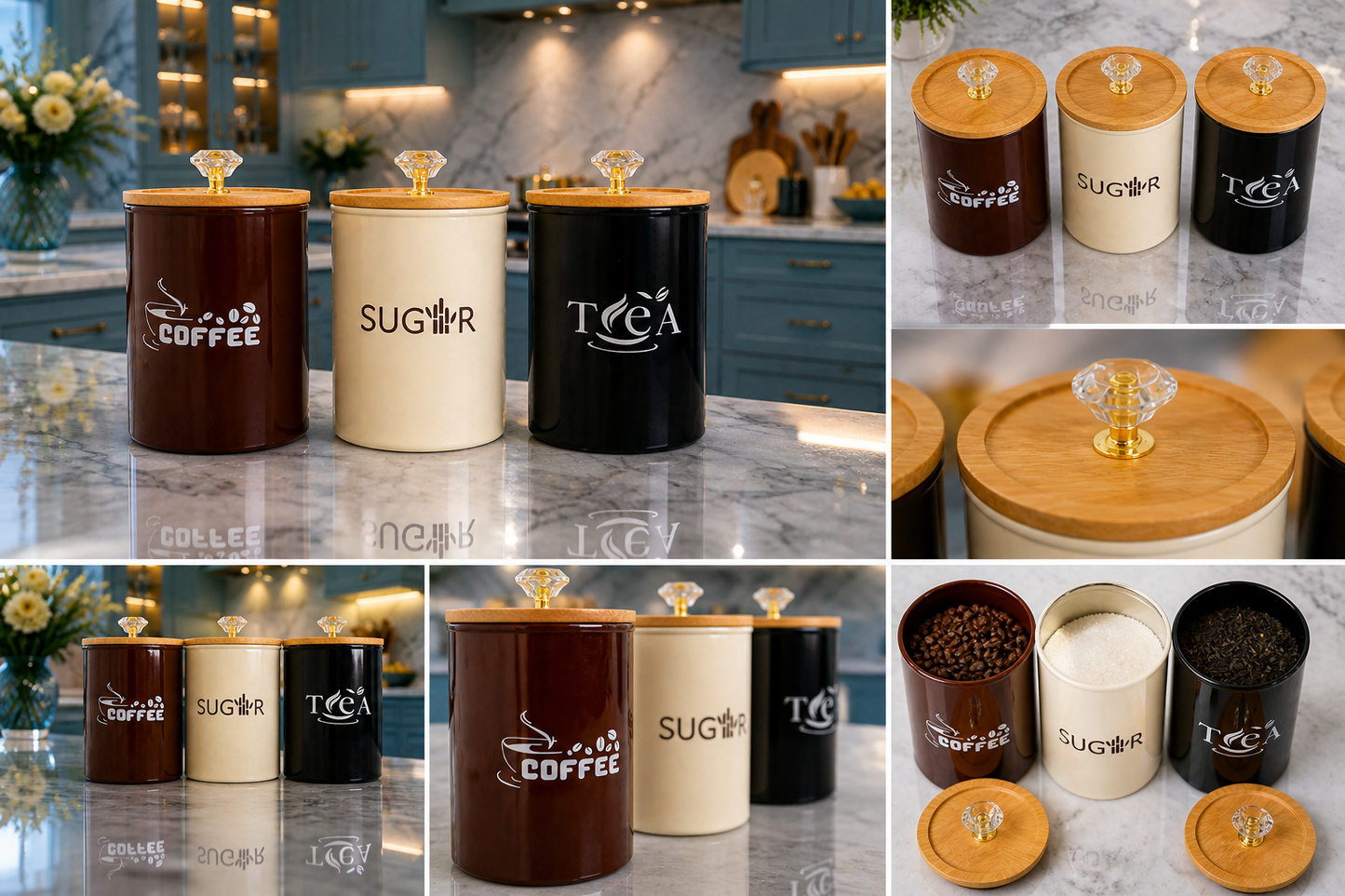 Premium Metal Storage Jars Set for Kitchen – Coffee, Sugar, Tea Canisters with Airtight Wooden Lid
